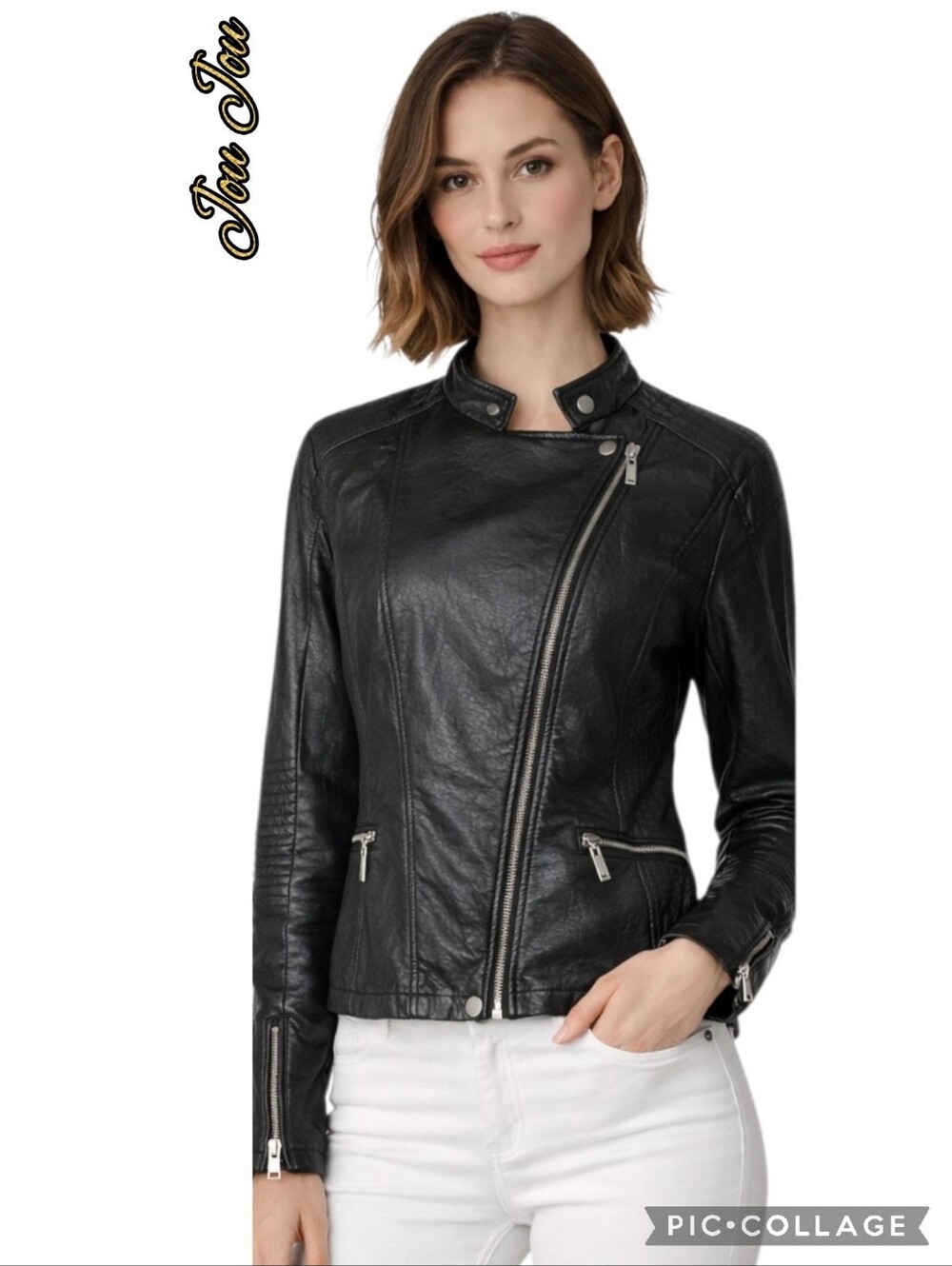Jou Jou moto vegan leather jacket zippers quilted lined inside size 2X